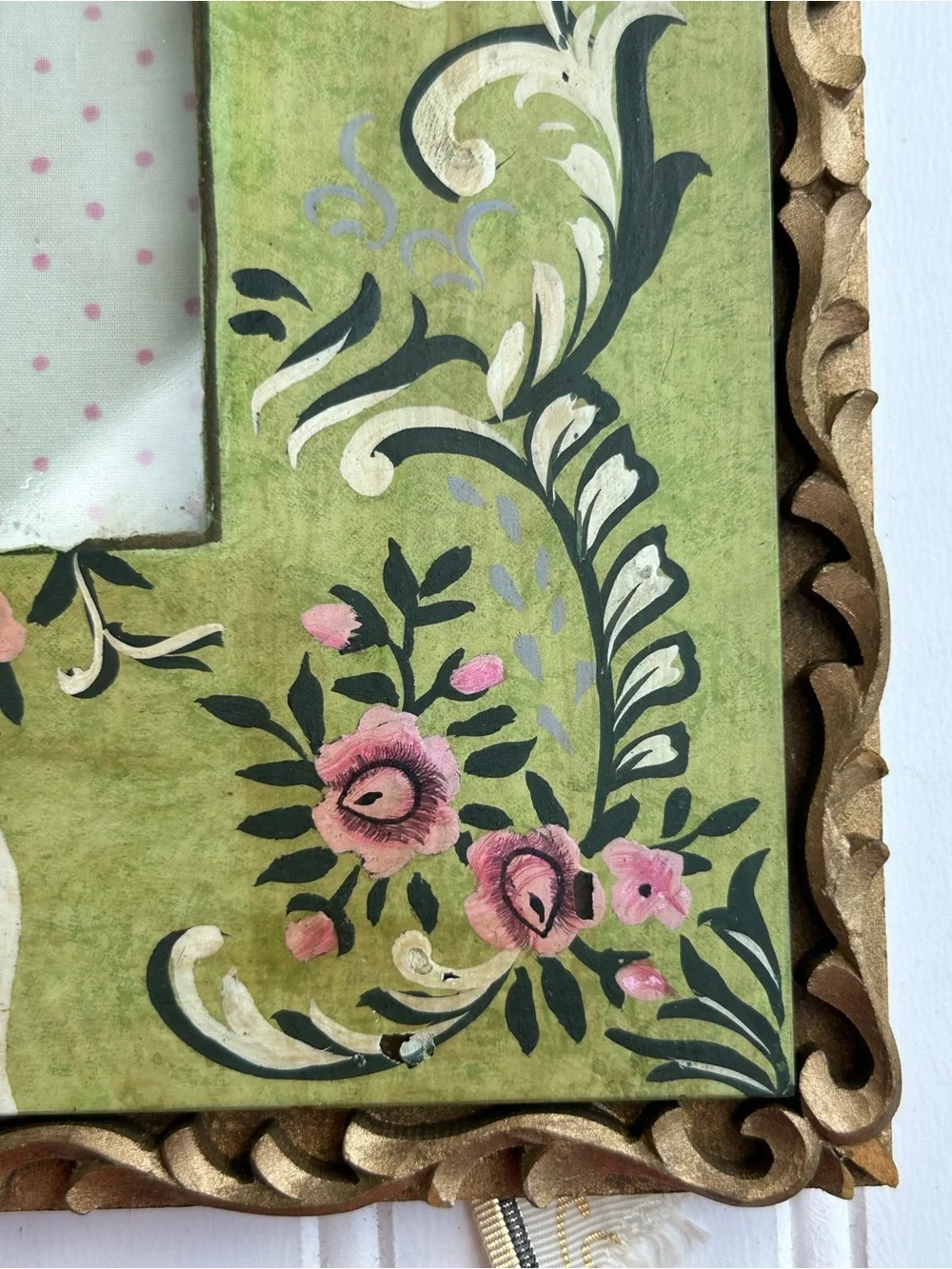 Hand-Painted Frame Olive Green Pink Floral Picture Carved Made in India 8x8